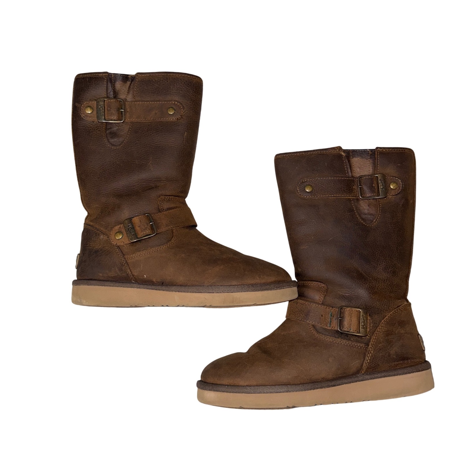 Ugg Women's Sutter Brown Leather Buckle Moto Boots Fur Lined Size 7